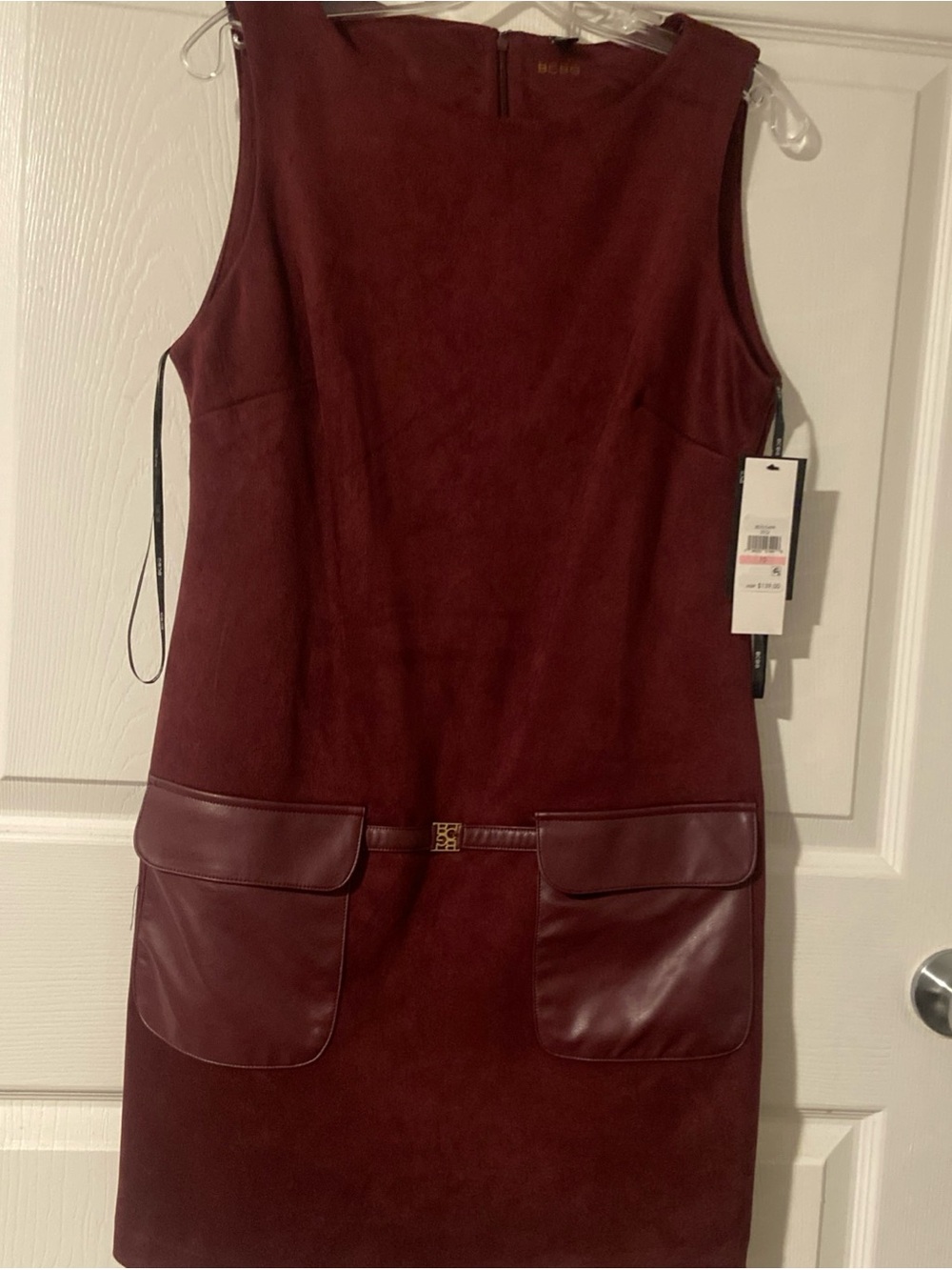 BCBG Burgundy Sleeveless Mini Dress with Faux-Leather Pockets